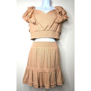 Express Linen Blend Top & Skirt Two Piece Set NWT Smocked Ruffle Boho Coquette S